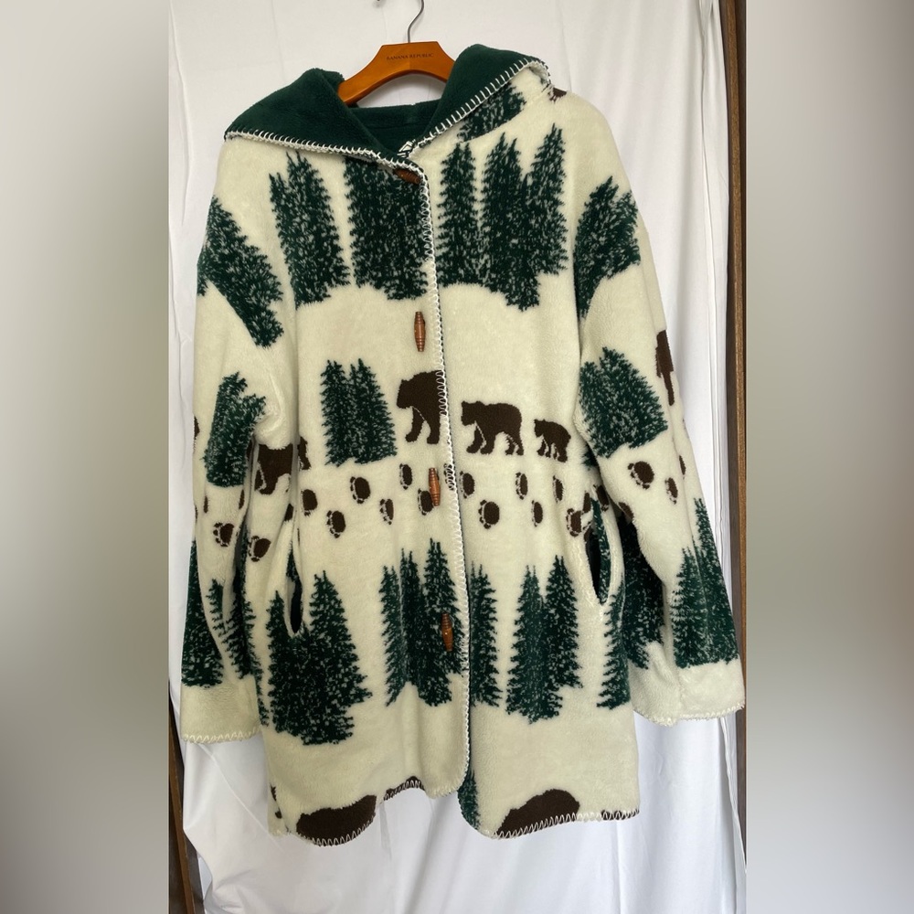 Cozy Denali Forest & Bear Print Hooded Fleece Jacket - Rustic Cabin Style